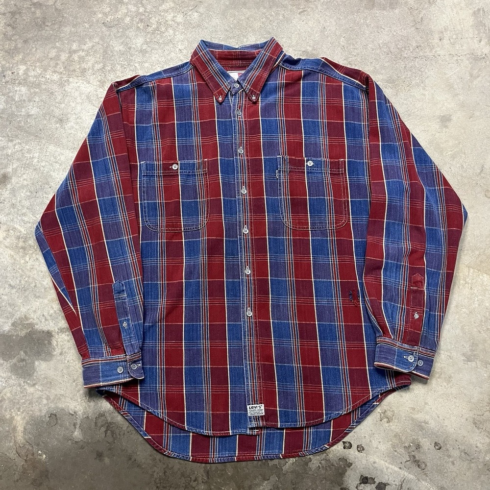 Levi's Flannel Button Down Shirt Mens XL Red Blue Tartan Plaid VTG 90s Grunge